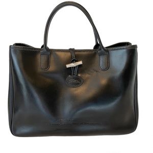 Longchamp Roseau Vintage Smooth Black Leather Hand Bag Satchel Made in France